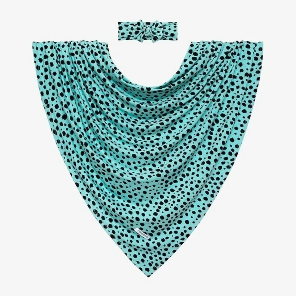 Posh Peanut Pebbles Swaddle Blanket‎ Headwrap Bow Set Teal Black Dots Cheetah